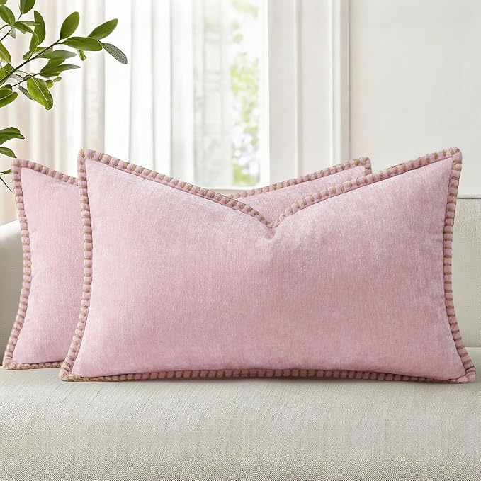 decorUhome Soft Chenille Throw Pillow Covers 12x20 Set of 2 Blush Pink | Fall Textured Decorative Throw Pillow Cases Stitched Edge Modern Farmhouse Luxury Boho Velvet for Couch Sofa Bed Home Decor