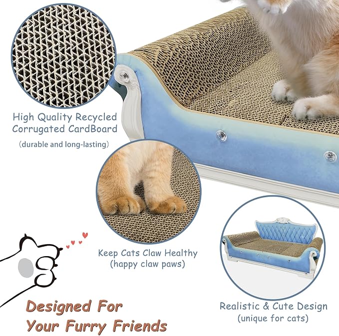 Luxury Cardboard Cat Scratcher Sofa Bed, Couch Shaped Scratching Board, Scratch Lounge with Catnip Toy, Cat Scratcher for Indoor Cats Large Blue 25.4"x12"