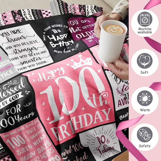 Ivivis 100th Birthday Gifts for Women Blanket 60”x50”, 100th Birthday Party Supplies Decorations, Happy 100th Birthday Gifts for 100 Year Old Woman, 1926 Gifts for 100th Birthday Women Mom Grandma
