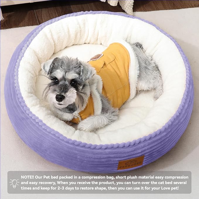 Zerbuger 23in Violet Round Dog Bed Sofa for Dogs Cats, Machine Washable | for Small/Medium/Large Dogs Cats, Foam Pet Couch with Removable Mat Non-Slip Bottom, Pet Cuddler for Indoor/Outdoor/Car/Cage