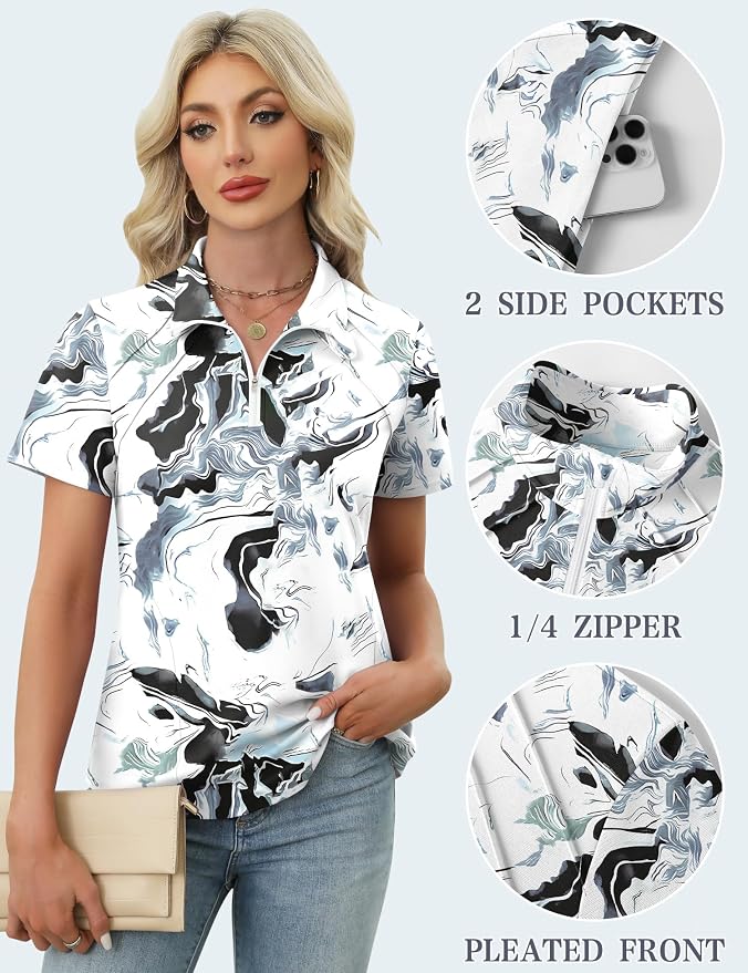 LOMON Womens Golf Polo Shirt Summer Short Sleeve Quarter Zip Outfit | Side-Pockets,Princess Seams,Cotton,Wrinkle Free,Moisture Wicking,Quick-Dry,Lightweight,Collared,for Tennis Workout