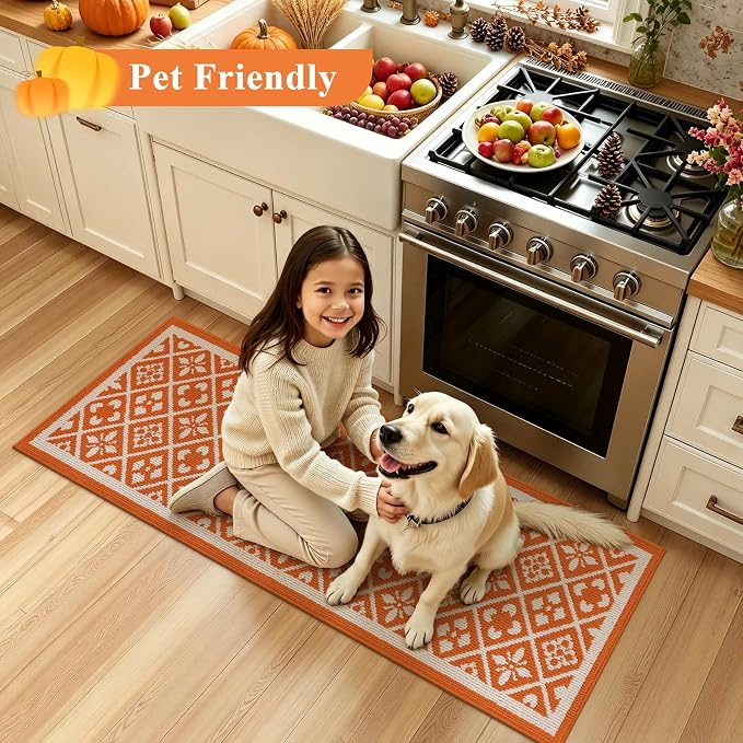 Ileading Fall Hallway Runner Rug Washable Orange Autumn Kitchen Mat 2x6 ft