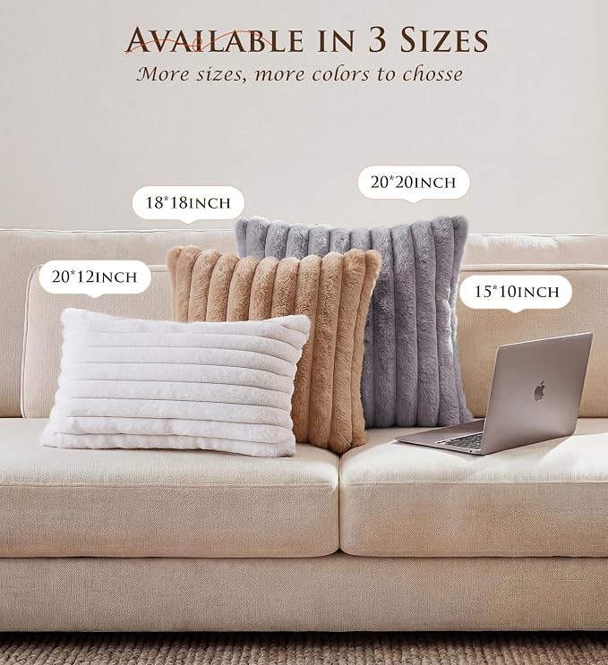 Pack of 2 Throw Pillow Covers 20x12 Decorative Solid Plush Faux Fur with Soft Velvet Back, Square Striped Cushion Cases Modern Farmhouse Home Decor for Living Room Couch Sofa Bed Apricot