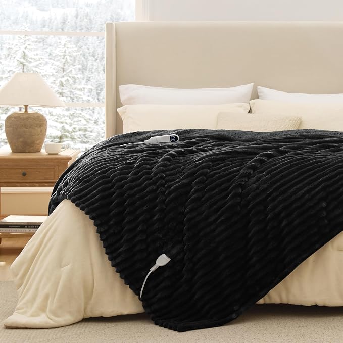 Bedsure Heated Blanket Full Size - Thick Striped Fast Heating Electric Blanket with Preheat Function, 6 Heat & 6 Timer (Up to 10H), 8H Auto Off, ETL Certified, Gift for Grandma (72"x84", Black)