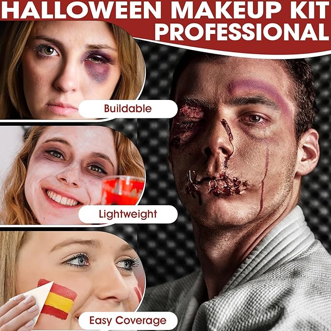 6 Colors Halloween Face Body Paint + 6pc Sponge + 3pc Brush, Yellow Purple Red Green Bruise Wheel for SFX Makeup, Face-Paint Body Paint Halloween Makeup Kit for Zombie Clown Joker Alien Witch Costume