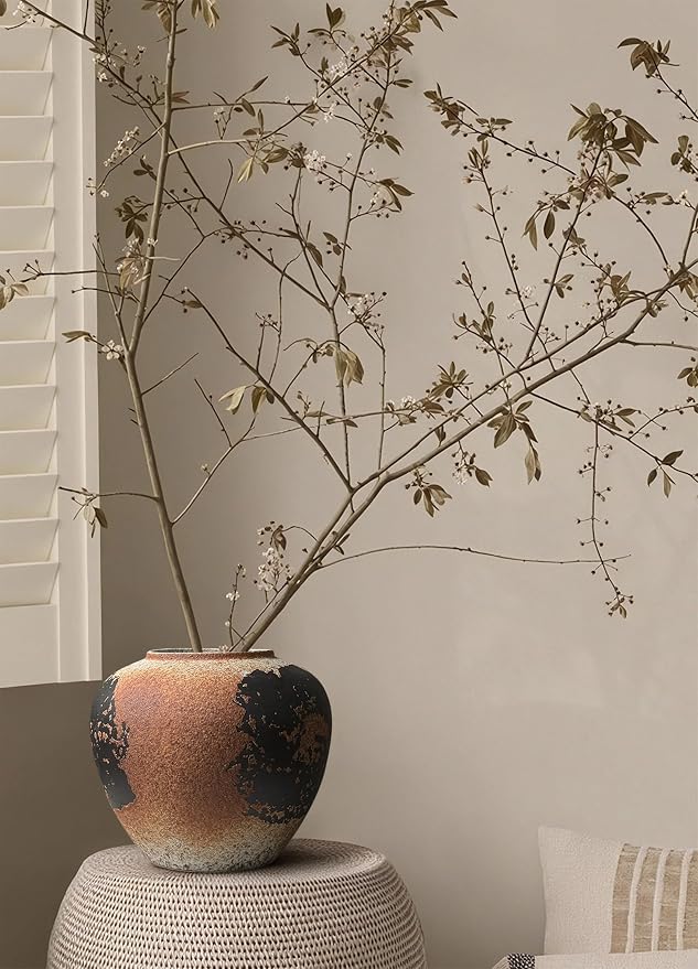 GeLive Round Ceramic Vase Brown Rustic Textured Moon Jar Table Centerpiece Pottery Vase Decorative Planter Pot Flower Container for Fresh Dried Plants Home Decor Kitchen Utensil Holder