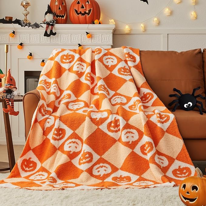 Halloween Knit Throw Blanket - Pumpkin Blanket for Couch, Soft Cozy Lightweight Fluffy Blanket for Fall Decor, 60"x80"