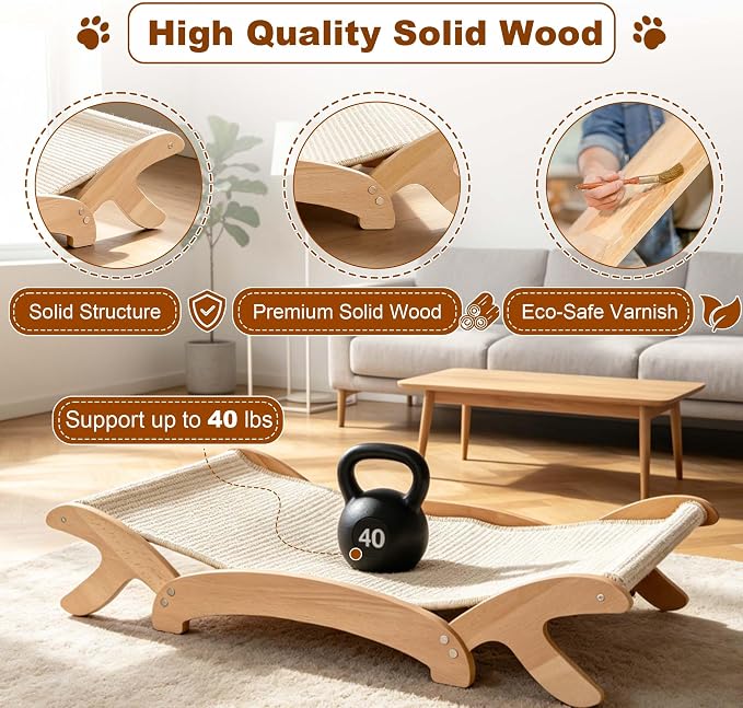 ANWA Cat Scratcher Bed for Indoor Cats, 26.4" Large Natural Sisal Scratchers for Cats with Solid Wood Frame, 2-in-1 Cat Scratch Pad Bed Combo, Cat Couch Lounger and Hammock, Easy Assembly