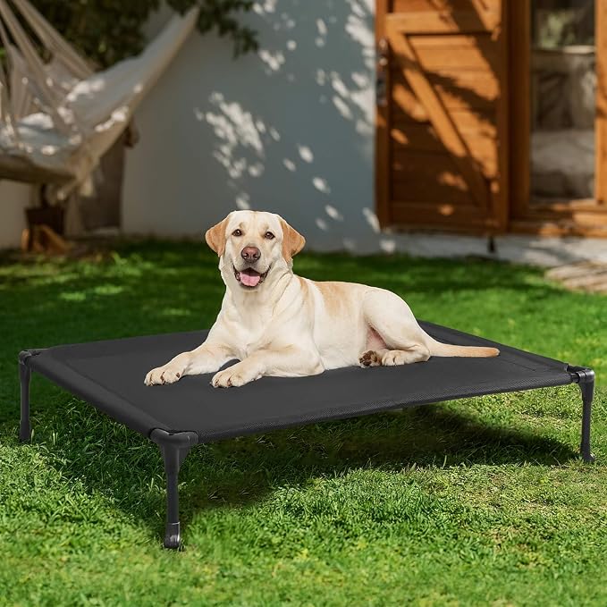 Veehoo Outdoor Elevated Dog Bed Large Sized Dogs, Cooling Raised Dog Cots | Off-ground training platform, portable camping hammock, breathable mesh, easy to clean, no-tool setup, 42"x30", Black