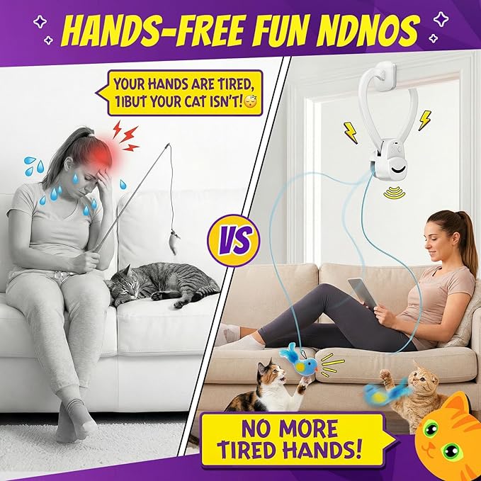 Interactive Cat Toys for Indoor Cats, Clip-On Automatic Flying Bird | USB Rechargeable Self-Play with Interchangeable Bird & Mouse Attachments for Bored Kittens and Adult Cats
