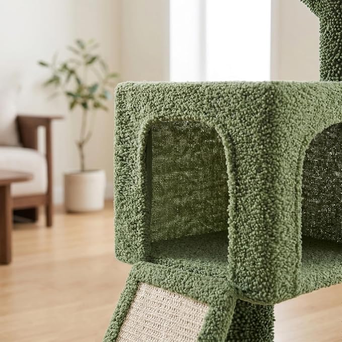 32" Cactus Cat Tree for Indoor Cats, 2-in-1 Cat House with Sisal Scratching Post & Ramp, 2-Level Cat Tower with Rotatable Feather & Ball Toys, Stable Cat Condo for Small/Medium Cats, Green