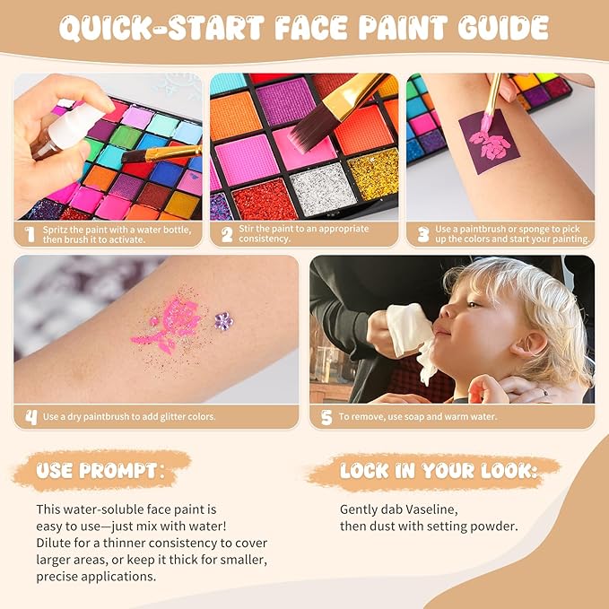 Pintada 54 Color Face Painting Kit for Kids - Non Toxic Water Activated Face Paint Palette with Stencils, Brushes, Gems & Book. For Halloween, Carnival, Party; Costume Makeup for Creative Activities