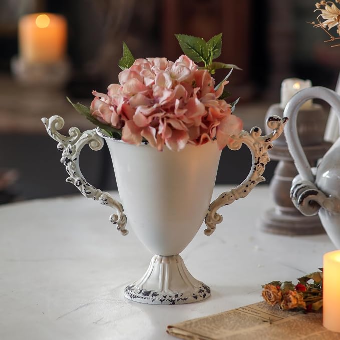 SOFE Shabby Chic White Urn Vases for Table, Small Metal Flower Vase 8" H | Distressed White Design, Lightweight, Suit for Holding Fresh Flowers, Dried Arrangements, Weddings, Housewarming Parties
