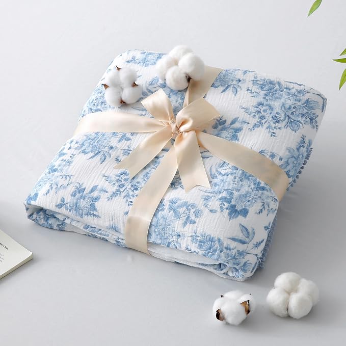 Viviland Cooling Muslin Blanket Queen Size for Bed Summer Gauze Blanket for Adults Breathable Lightweight Soft for Hot Sleepers Linen Blue Nerrah 90 x 90 Inches
