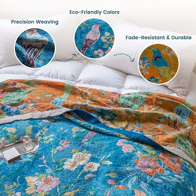 MSGKV Boho Throw Blanket 60"x80" 100% Cotton Bird Throw for Bed Couch | 100% Cotton Throw, Bird Pattern, Reversible Woven, Lightweight Comfort, Farmhouse Decor, All Seasons, Machine Washable