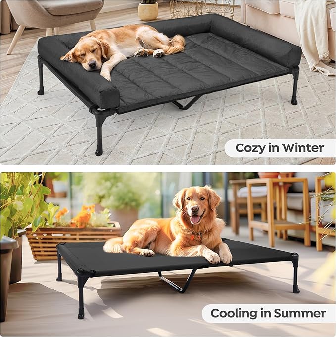 Veehoo Outdoor Elevated Dog Bed with Waterproof Bolster Cushion, Cooling | Raised Dog Bed with Removable & Washable Mat Topper, Breathable Mesh, Dog Couch Cot for Indoor Outdoor, 49", Large, Black