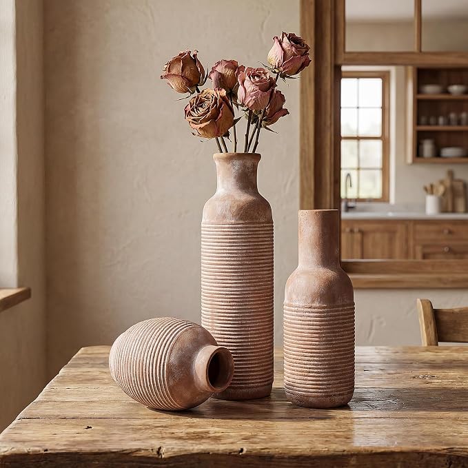 Rustic Farmhouse Vase Set of 3 - Ceramic Decorative Vintage Vases Home Decor - Pampas Grass Dried Fresh Flowers - for Centerpiece, Coffee Table, Mantel Entryway, Living Room, Bedroom (Retro 2)