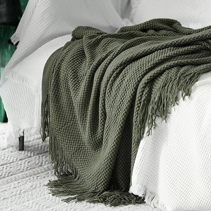 LOMAO Knitted Throw Blanket with Tassels Bubble Textured Lightweight Throws for Couch Cover Home Decor (Dark Olive, 60x90)