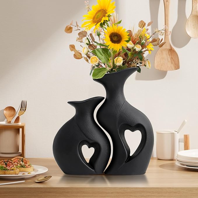 XL Black Snuggle Hollow Ceramic Flower Vase Home Decor Set of 2 | Heart Shaped, Minimalist, Decorative Flower Vase for Wedding,Living Room,Dining Table,Bedroom,Entryway,H 10.1 inches