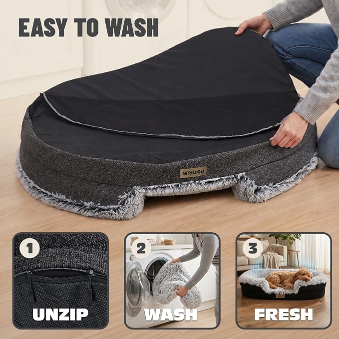 Fluffy Orthopedic Dog Beds Large Sized Dog, 43" Bolster Sofa Bed | Soft plush faux fur,lowered entry,washable cover,waterproof liner,claming dog couch for x-large dogs,supportive bolster