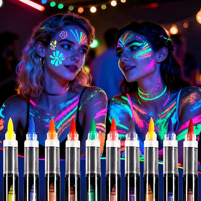 Oiomniv Glow in The Dark Face Paint Markers, 10 Colors UV Neon Body Paint Pens, Waterproof & Skin-Safe Blacklight Tattoo Markers, Washable Temporary Tattoo Pens for Christmas, Festivals & Parties