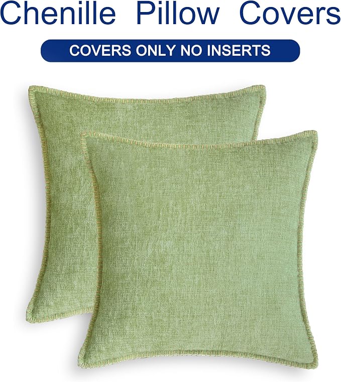 CaliTime Decorative Couch Throw Pillow Covers 24 X 24 Inches Sage Green | Pack of 2, Cozy Chenille Cushion Cases, Cotton Thread Stitching Edges, for Sofa Bed Living Room Farmhouse