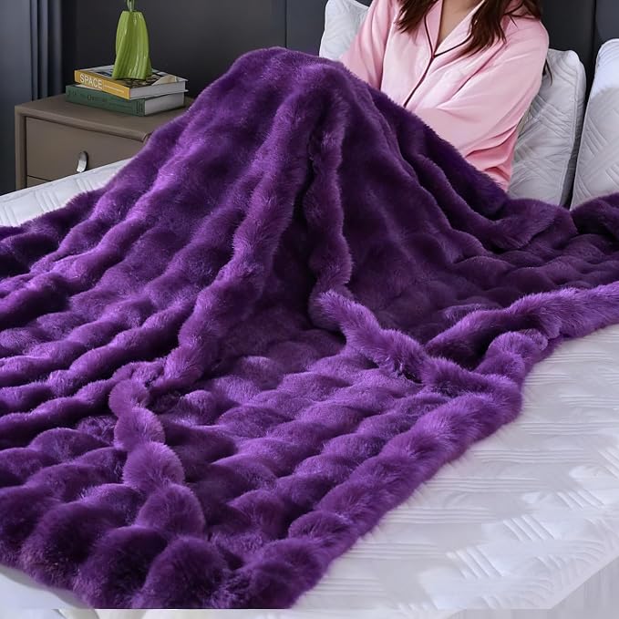 Purple Faux Fur Throw Blanket for Couch, Double-Sided Bubble Textured Plush Blanket with Soft Flannel Back, Decorative Throw for Sofa or Bed, Machine Washable, 50x60 Inches, 860 GSM