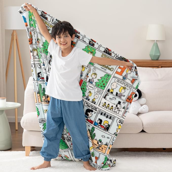 Berkshire Blanket Peanuts® VelvetLoft® Cute Character Snoopy Plush Oversized Throw Blanket, Peanuts Christmas Comic Strip Colorized White (50in x 60in)