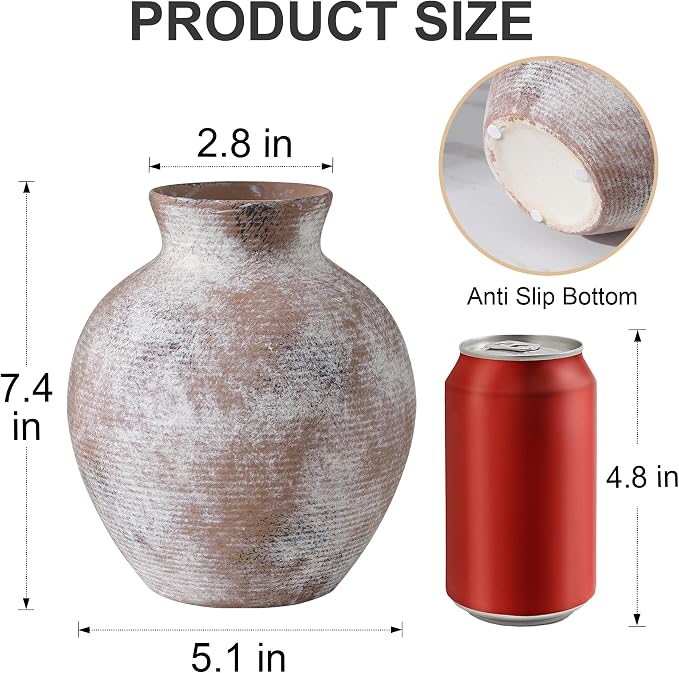 Ceramic Flower Vase Home Decor, 7.4 in Farmhouse Table Vase Retro Vintage Living Room Kitchen Bedroom Decoration Pottery Decorative Vases for Flowers Shelf Office Coffee Desk Dining Entryway, Classic