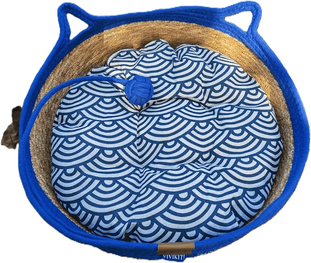 VIVIKIT Natural Cattail Cat Bed for Indoor Cats, 18.1" x 4.7"（Blue） | Natural cattail, cotton trim, all season, scratch-proof, teaser ball, removable washable pad, for cats & dogs up to 22 lbs