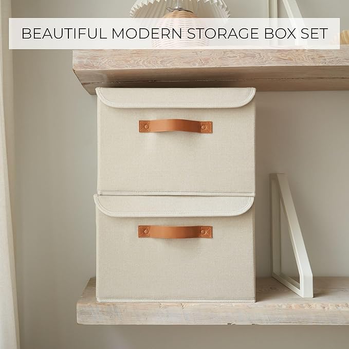 Decorative Linen Storage Boxes with Lids - Large Set of 2 Organizer Bins | The Perfect Container for Home Decor - Safely Store Photos, Documents and Memory Box Keepsakes in Style