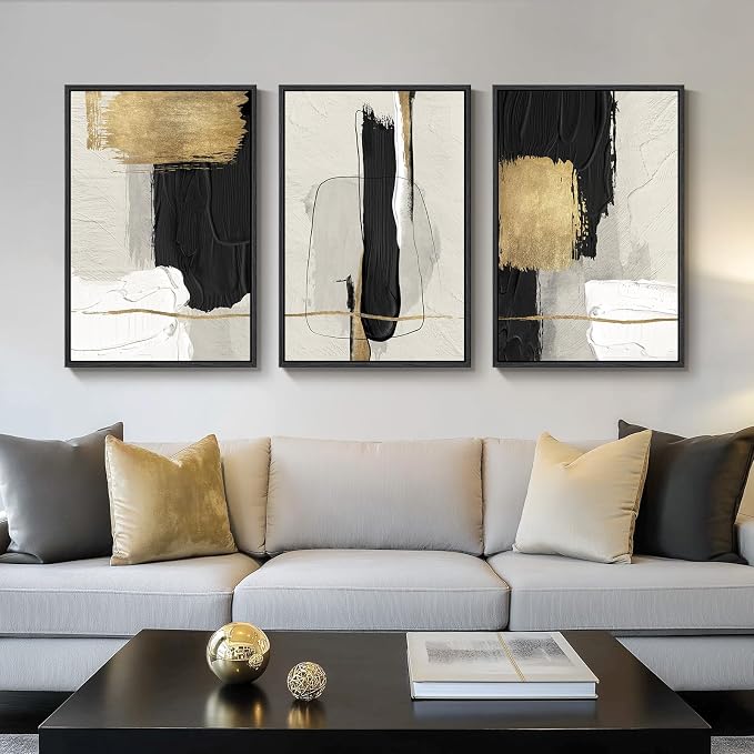 Framed Modern Black and White Abstract Wall Art for Living Room, 3 Piece | Large Canvas Prints Paintings Artwork for Walls, Minimalist Black Beige Gold Pictures, Bedroom Office Wall Decor, 30x60 In