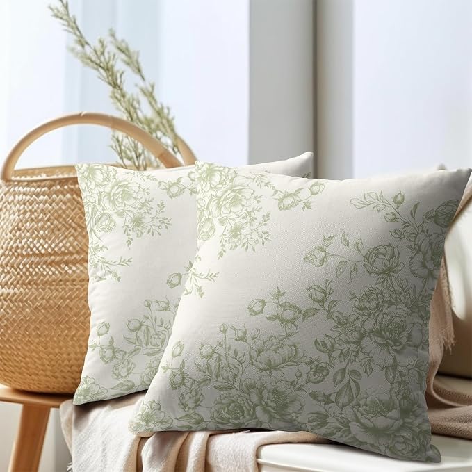 Kawani Chinoiserie Floral Throw Pillow Covers 22x22 Set of 2 Oriental Vintage Green Flowers Decorative Square Pillow Cases Cotton Linen Cushion Cover for Bedroom Sofa Couch Home Decor
