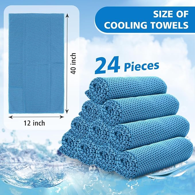 24 Pack Cooling Towels Bulk for Neck and Face 40"x12" Ice Cooling Sweat Rags Microfiber Soft Breathable Soft Chilly Towel for Yoga Golf Sport Running