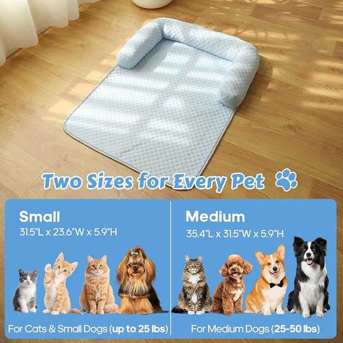 Cooling Pet Bed Mats with Neck & Head Support, 31.5 x 23.62 inch Blue | for Small and Medium Dogs & Cats, Non-Slip, Machine Washable, Protects Sofa from Fur & Scratches