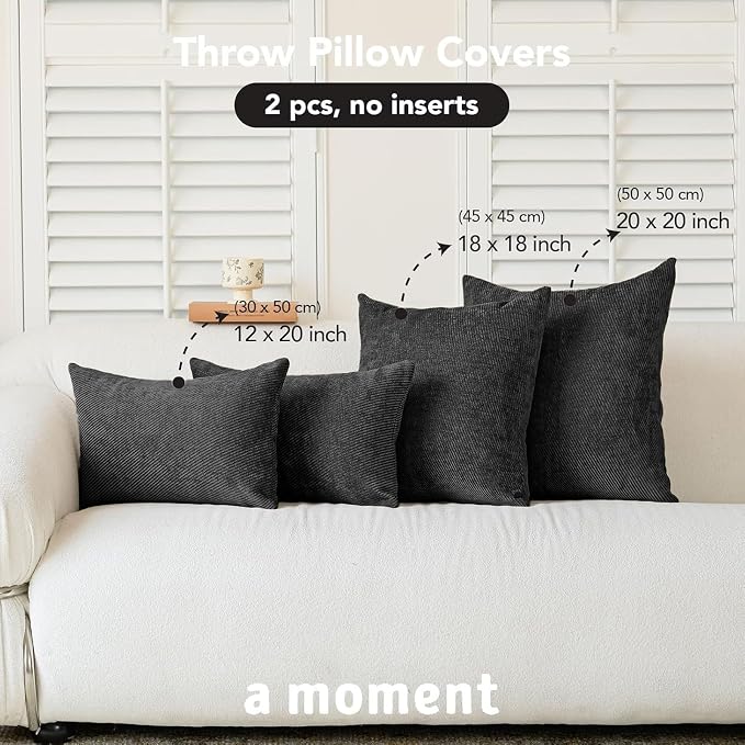 a moment Pack of 2 Decorative Chenille Throw Pillow Covers with Twill Cushion Covers for Sofa Living Room Couch Bed 20x12 Inch Black