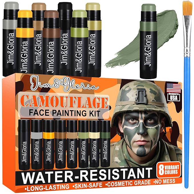 Jim&Gloria Water-Resistant Hunting Camo Face Paint Sticks - 8 Colors Camouflage Face Painting Kit Military Stuff Shooting Game Airsoft, Paintball, Tactical Gear, Eye Black Baseball, Softball, Football