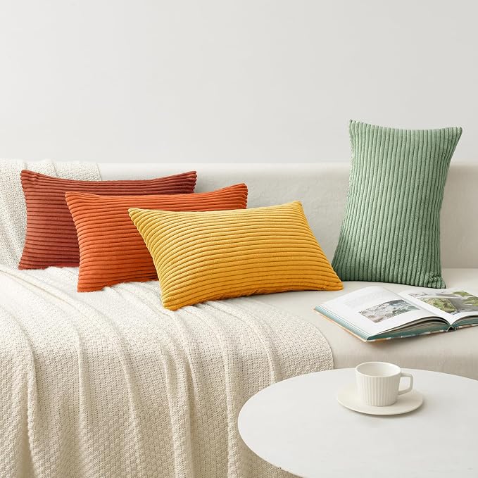 MIULEE Fall Decorative Lumbar Pillow Covers Yellow Rust Green 12x20 | Set of 4, Vintage Retro Fall Decor, Mix and Match Color Clash Design, Vibrant Throw Pillows for Sofa Couch Bed Living Room