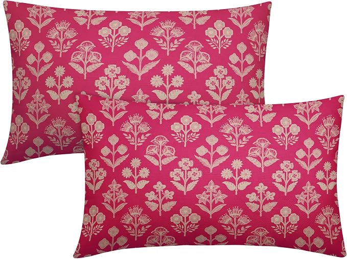 Hot Pink Pillow Covers 12x20 Inch Set of 2, Cream Floral Block Print Pattern Lumbar Decorative Throw Pillowcases Outdoor Farmhouse Rectangle Cushion Covers Spring Summer Sofa Couch Bed Decor