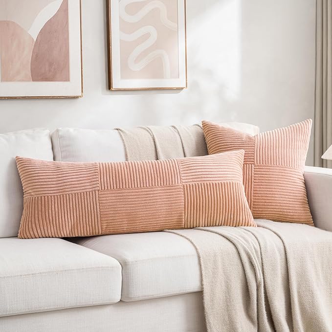 Fancy Homi Set of 1 Peach Boho Long Lumbar Body Decorative Throw Pillow Cover 14x36 Inch for Bed Couch Bedroom Bench, Soft Patchwork Corduroy Textured Pillow Case, Rustic Farmhouse Room Decor