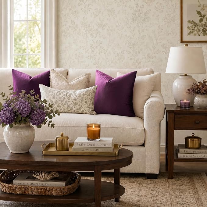 GIGIZAZA Velvet Pillow Covers 18x18 Decorative Pillows Pack of 2 Purple | Throw Pillows for Couch Sofa,280gsm Soft Textured Fabric,Luxury Modern Square Pillowcases,Home Decor Cushion Covers