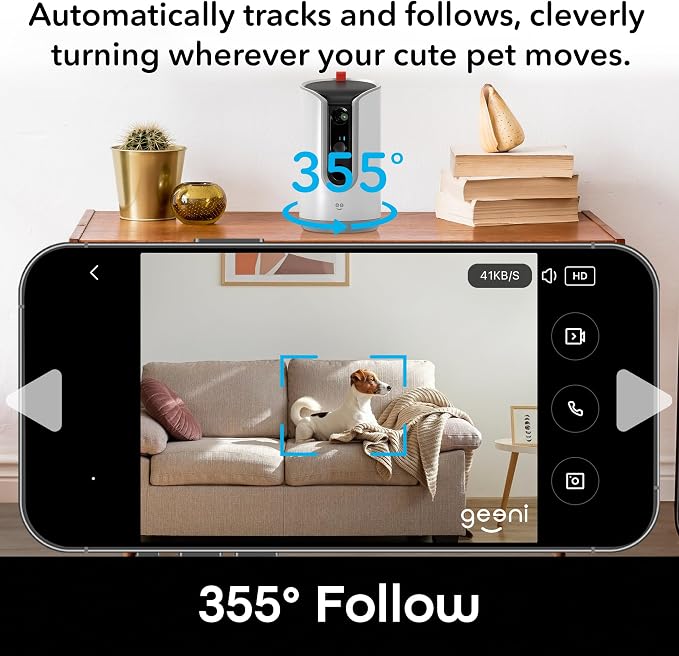 Geeni Pet Treat Dispenser Camera, 2K HD Wi-Fi Enabled, Auto-Follow, White | Pet treat dispenser with camera