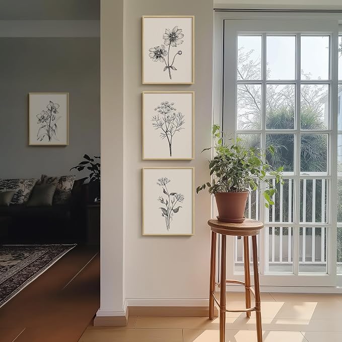 Framed Minimalist Black and White Floral Wall Art, 4 Piece Neutral Rustic Botanical Canvas Prints for Modern Farmhouse, Vintage Flower Pictures for Living Room Bedroom Kitchen Wall Decor, 12x16 Inch