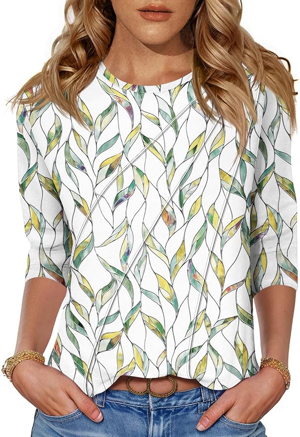 LOMON 3/4 Length Sleeve Womens Tops Spring Summer Fashion 2026 Tops Crew Neck Pleated Shirts Tunic Top Loose Fit