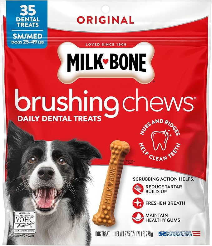 Milk-Bone Brushing Chews, Small/Medium, Original Flavor, 35 Dental Treats | 27.5-oz. bag, Daily dental dog treats, For dogs 25-49 lbs., Original chicken flavor