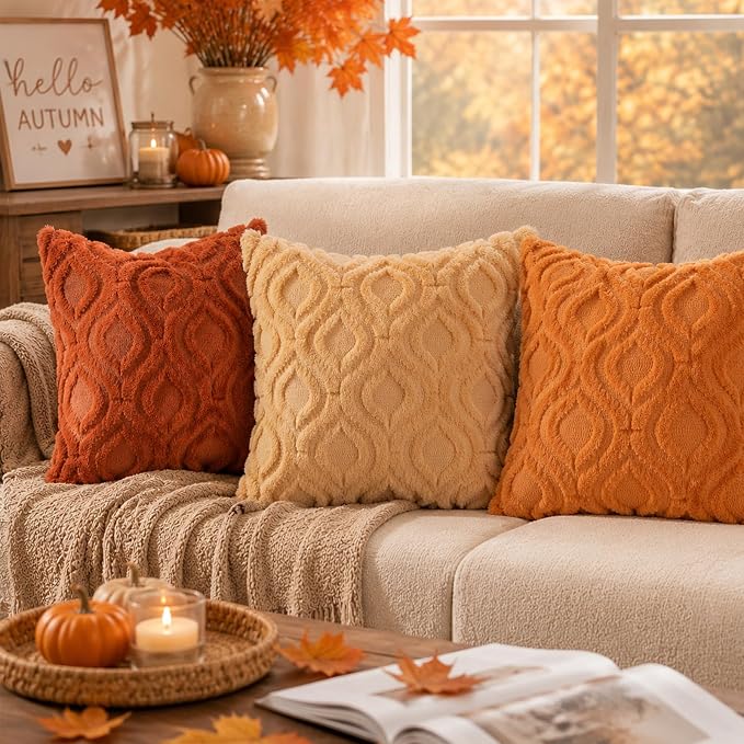 decorUhome Faux Fur Plush Soft Rust Throw Pillow Covers 22x22 Set of 2 | Plush Solid Fall Couch Pillow Covers, Accent Modern Farmhouse Neutral Decorative Square Pillow Cases for Sofa Bed Living Room