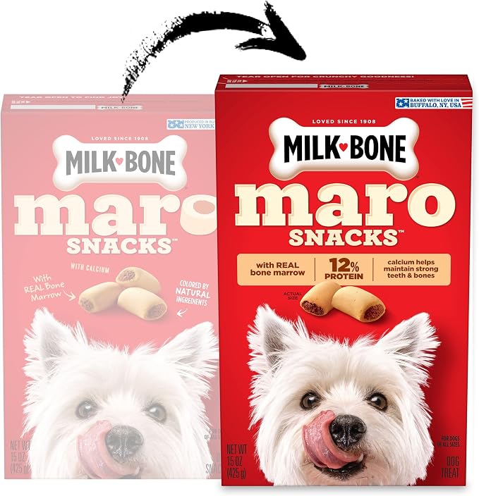 Milk-Bone MaroSnacks Dog Treats, Beef, 15 Ounce (Pack of 6) with Real Bone Marrow and Calcium | 15-oz. boxes, Made with real bone marrow, Dog treats with 12% protein