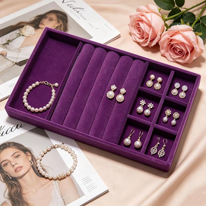 Velvet Jewelry Trays for Drawers, Purple 3-in-1 | Stackable Jewelry Drawer Organizer, Ring Earring Necklace Bracelet Organizer Storage Display Tray with Removable Dividers