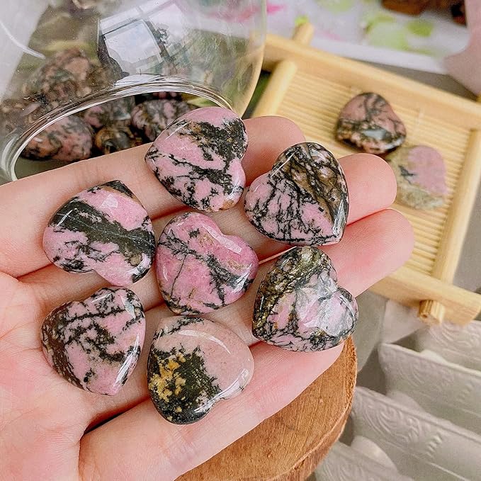 20 PCS Rhodochrosite Natural Heart Healing Crystals Cute Polished Crystal Black Line Rhodolite Stones Palm Love Heart Pocket Set Reiki Energy Balancing Meditation Valentine's Day Gift Women