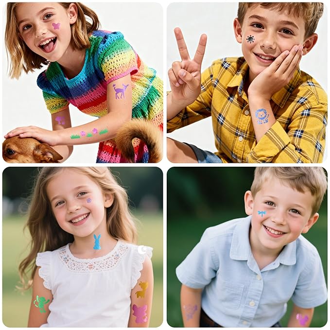 Temporary Tattoo Markers for Kids, 8 Metallic Markers and 135+ Temporary Tattoo Stencils for Christmas Party Favor, Cosmetic Tattoos Pens for Skin, Cartoon Animal